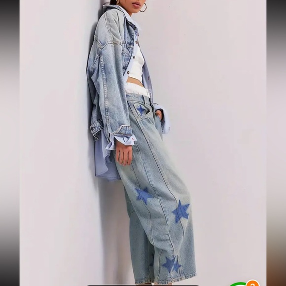 Star Pattern print Denim Jacket barrel Jeans - Picture 2 of 4